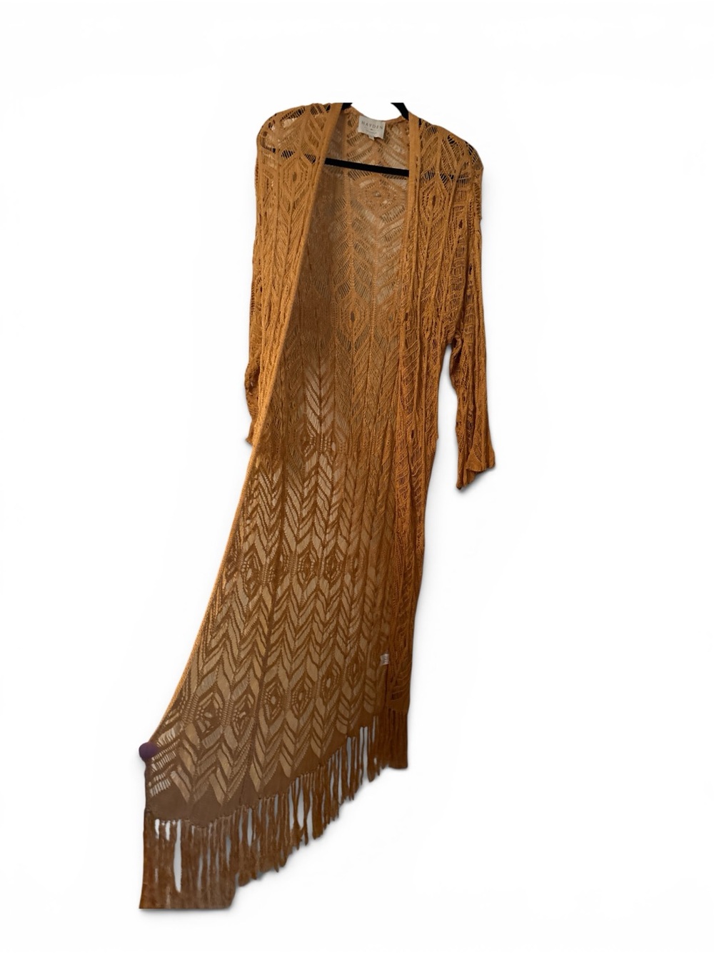 Long Crochet Fringe Kint Duster Cardigan - Rust Brown Sz Large - Picture 3 of 7